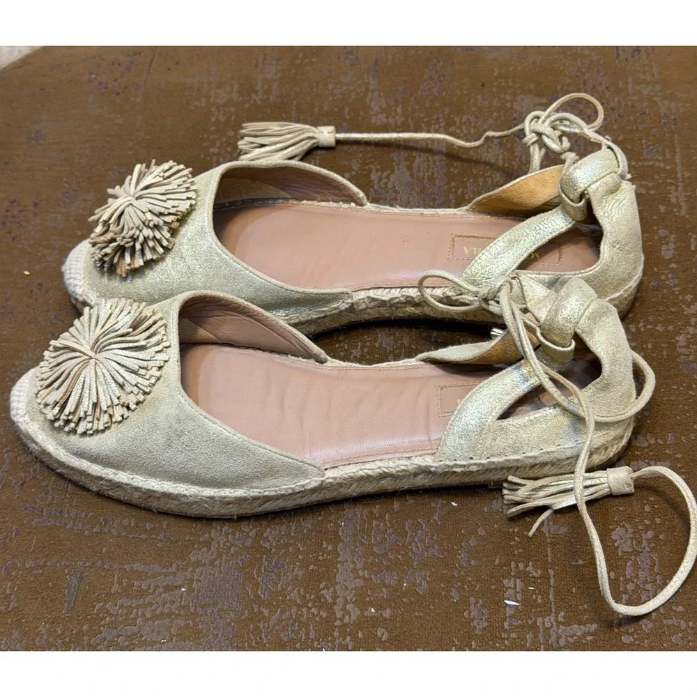 Aquazzura Gold Metallic Pom Pom Tassel Lace Up Espadrille Flats EU 38.5 Spain